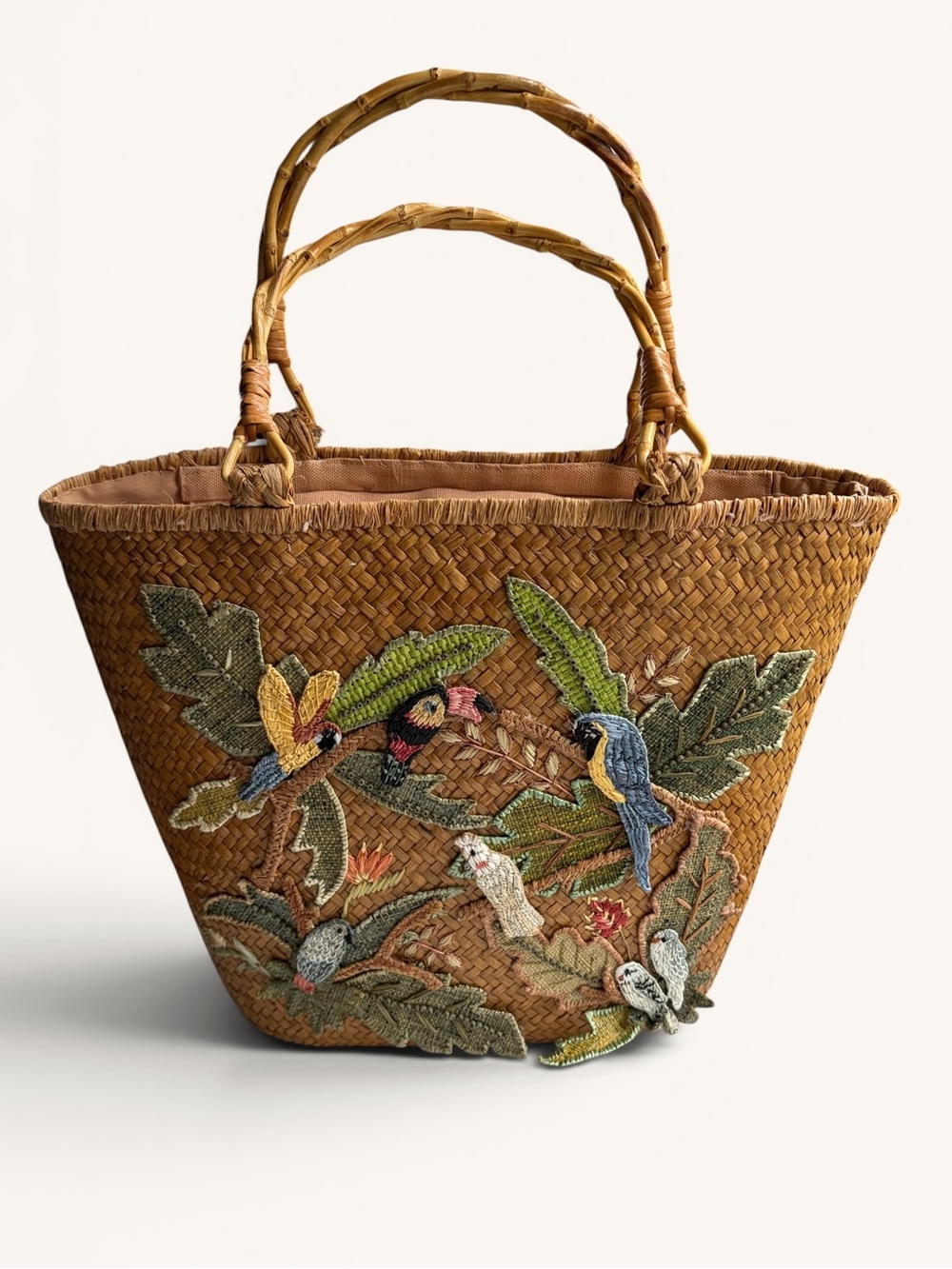 Vintage Cappelli Brown Straw Tote with Multicolor Parrot Embroidery - Picture 6 of 16